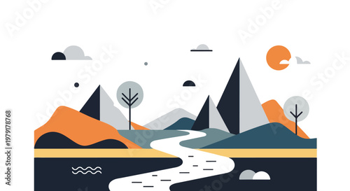 Illustration of a river landscape scene.