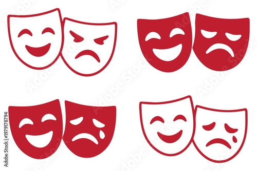 black theatre mask icon vector. Theatrical masks vector icon set, theater theatre mask signs, masquerade mask, comedy and tragedy mask symbols, drama performance icons, flat illustration. drama