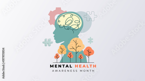Celebrate Mental Health Awareness Month with this conceptual visual. Featuring a human profile integrated with trees, puzzle pieces, and gears, it symbolizes psychological growth, inner logic