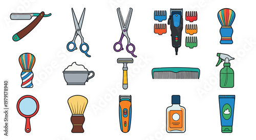 An assortment of colorful barber tools and grooming supplies displayed on white