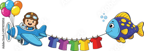 Cute child pilot flying airplane with balloons colorful clothesline and cartoon fish vector illustration collection for kids design