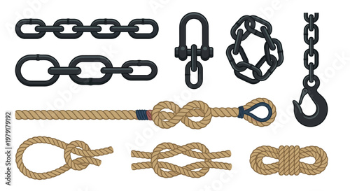 A collection of metal chains shackles ropes and knots isolated on white