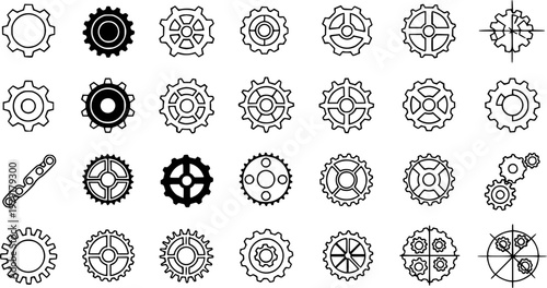 Gear icon vector set, black cogwheel vector collection, mechanical gear shapes, engineering symbols, industrial machinery, sprocket designs, abstract gearwheel graphics