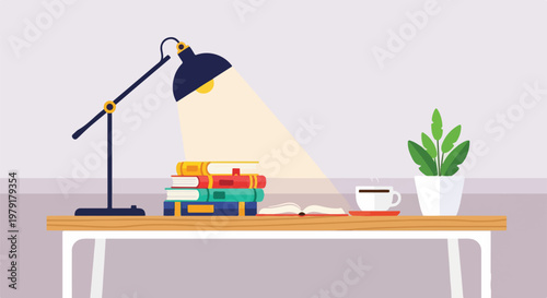 Desk lamp on a wooden table.