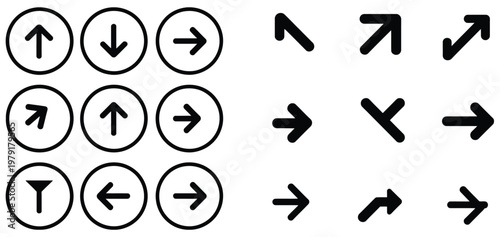 Collection of black arrow icons in circles and standalone, indicating direction and choices.