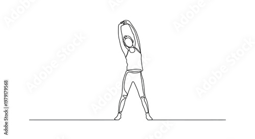 One line drawing of a person stretching arms overhead, fitness and wellness