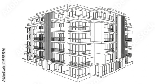 Architectural sketch of a modern apartment building with balconies.