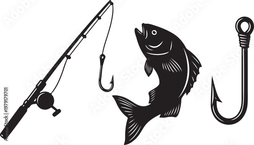 Fishing rod and tackle with a happy fish illustration