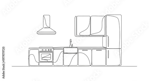 Modern Kitchen Line Art Drawing: Appliances, Cabinets, Sink, and Range Hood