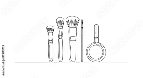 Minimalist Line Art of Makeup Brushes and Compact Powder on White Background
