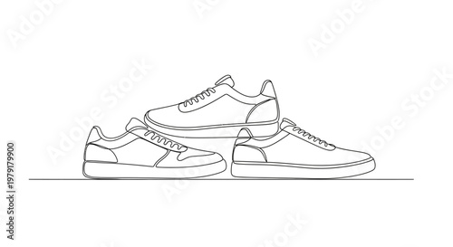 Minimalist Line Art Drawing of Three Sneakers, Fashion Footwear Concept