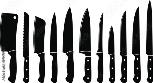 Black silhouette vector set of various kitchen knives including meat cleaver bread knife chef knife and paring knife for culinary and restaurant design elements.