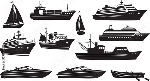 Various types of boats and ships in black silhouette style