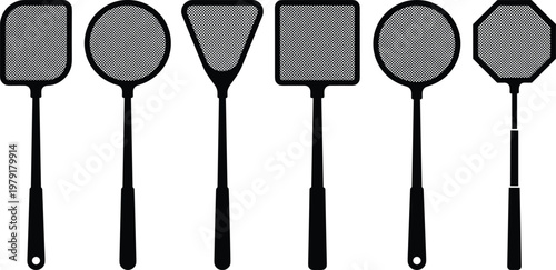 Black silhouette vector set of various fly swatters with mesh heads in different geometric shapes including round square and octagon for pest control design elements.