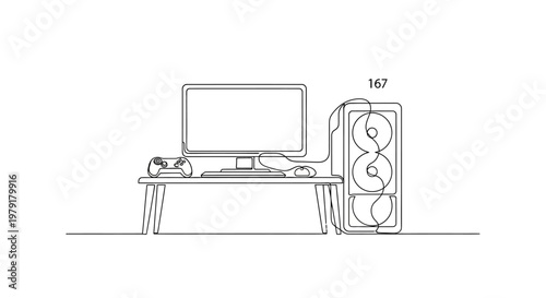 Gaming Setup: Desktop Computer, Monitor, Keyboard, Mouse, and Controller on Desk