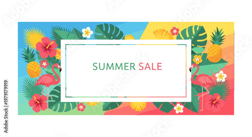 Bright Summer Sale Banner with Tropical Flowers, Pineapples, and Flamingos - Perfect for Promotions and Advertisements