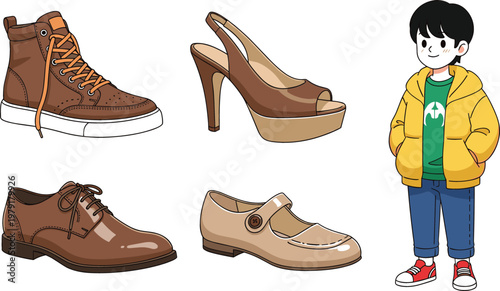Footwear collection with boots high heels formal shoes and casual boy character cartoon vector illustration set