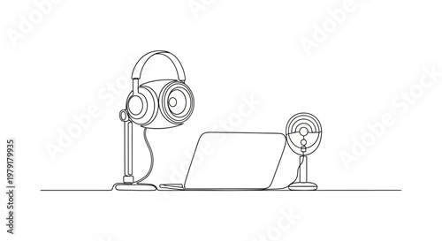Minimalist line art of headphones, laptop, and microphone on a desk, symbolizing podcasting or remote work.