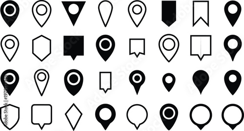 Black silhouette vector icon set of map pins and location markers in various geometric shapes like circle square and diamond for navigation ui design.