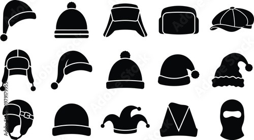 Black silhouette vector set of various winter hats and headwear icons including beanies santa hats earflap ushankas jester and balaclava for seasonal fashion design.