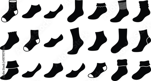 Black silhouette vector set of various socks including ankle crew and knee high lengths with different styles for clothing fashion and apparel design icons.
