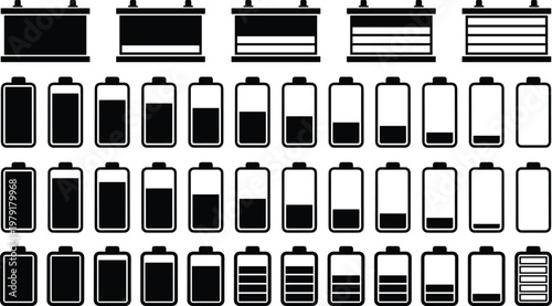 Black silhouette vector icon set of various battery and car battery charge levels showing full medium and empty status for power energy indicators.