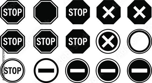 Black silhouette vector set of stop signs and road traffic symbols in various octagon and circle shapes for safety and transportation design elements.