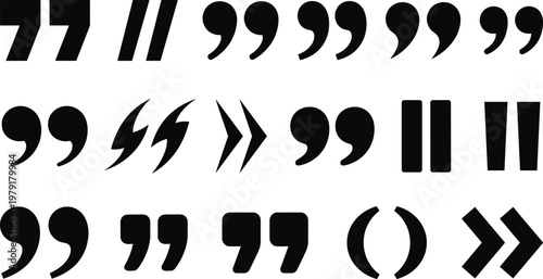 Black silhouette vector set of quotation marks and speech bubbles in various typographic styles like double comma and bracket for quote design elements.