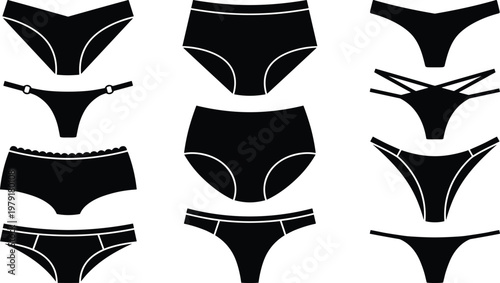 Large set of black women underwear silhouettes including panties thongs briefs and bikini styles isolated on white background vector icons for lingerie fashion design.