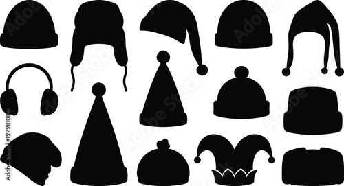 Large set of black winter hat silhouettes including beanie Santa hat earmuffs jester and trapper styles isolated on white background vector icons for cold weather.