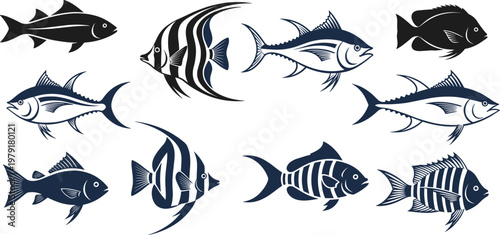 Marine fish vector set with different species silhouettes and striped ocean animals detailed aquatic illustration collection isolated on white background