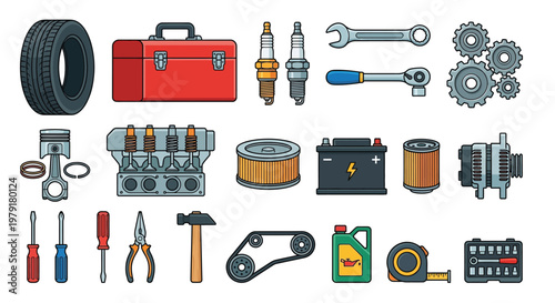 Collection of automotive tools and parts arranged in a linear display