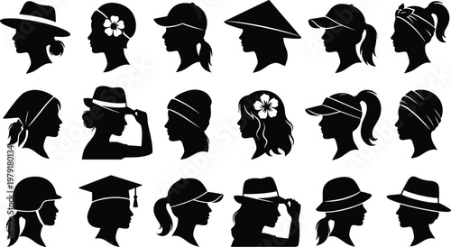 Large collection of black women profile silhouettes wearing various hats caps and headwear including graduation cap helmet and summer hats isolated on white background vector.