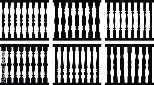 Large set of black balustrade silhouettes including classic turned balusters and railing sections isolated on white background vector icons for architectural and home design.