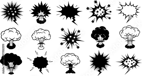
Comic explosion speech bubble vector shapes, speech bubble silhouettes, starburst designs in black. Ideal for graphic design, comic book art, pop art, and digital illustrations 