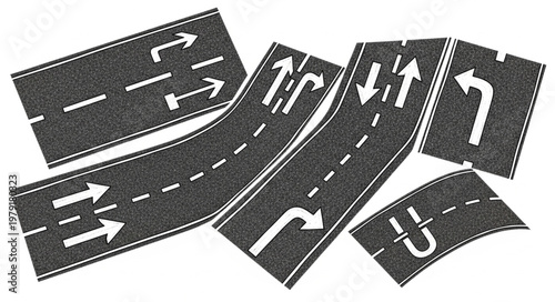 Asphalt Road Sections with Traffic Arrows and Lane Markings.