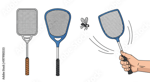 Different designs of fly swatters along with a human hand using one to catch a flying insect mid-air in a simple line art style.