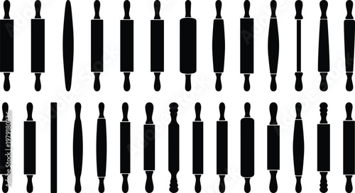 Large set of black rolling pin silhouettes including various sizes and handle shapes isolated on white background vector icons for kitchen baking and pastry tools.