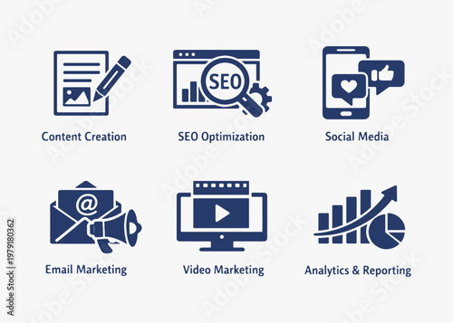 A set of Content Marketing icons focuses on simplicity, elegance, and ease of recognition. Vector Sign for Logos, Labels, and Icons.