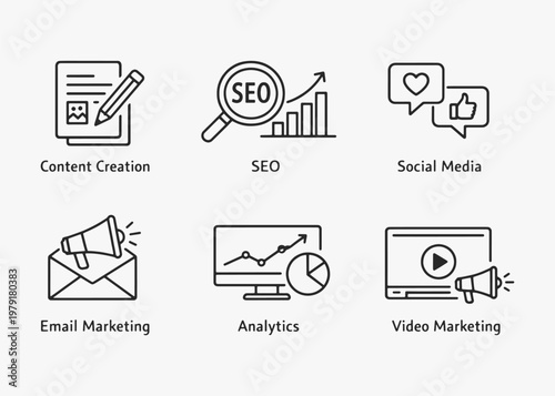 A set of Content Marketing icons focuses on simplicity, elegance, and ease of recognition. Vector Sign for Logos, Labels, and Icons.