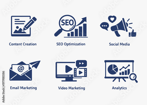 A set of Content Marketing icons focuses on simplicity, elegance, and ease of recognition. Vector Sign for Logos, Labels, and Icons.