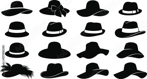 Large collection of black hat silhouettes including fedoras sun hats and summer beach headwear isolated on white background vector icons for fashion and apparel design.