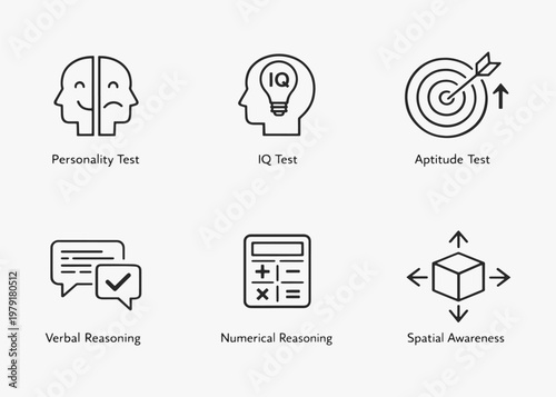 A set of Psychometric Tests icons focuses on simplicity, elegance, and ease of recognition. Vector Sign for Logos, Labels, and Icons.