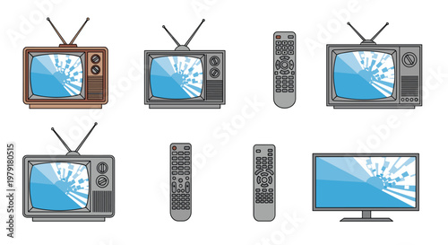 Variety of vintage cathode-ray tube television sets and modern flat-screen displays with their corresponding remote controls.