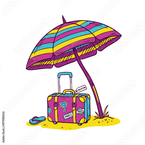 Colorful travel suitcase and beach umbrella on sand.