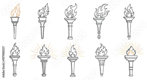 Multiple styles of flaming Olympic torches represented in simple black and white line art icons isolated on a plain background.