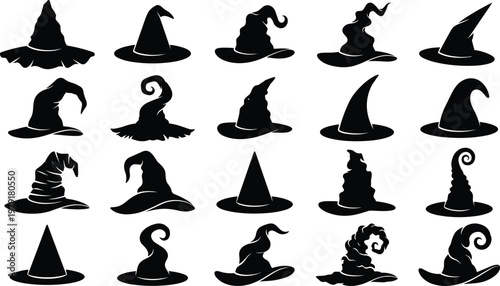 Set of twenty black witch hat silhouettes in various crooked and pointed styles for Halloween magic wizard and spooky costume graphics isolated on white background.