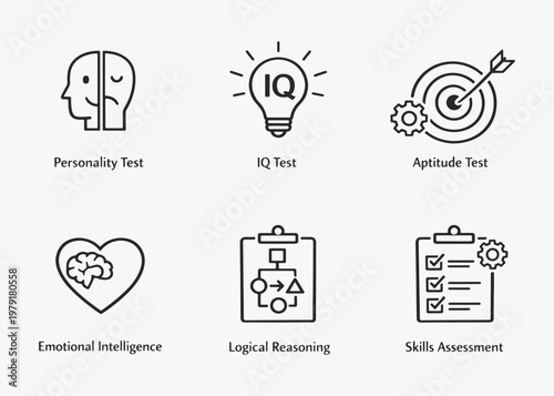 A set of Psychometric Tests icons focuses on simplicity, elegance, and ease of recognition. Vector Sign for Logos, Labels, and Icons.