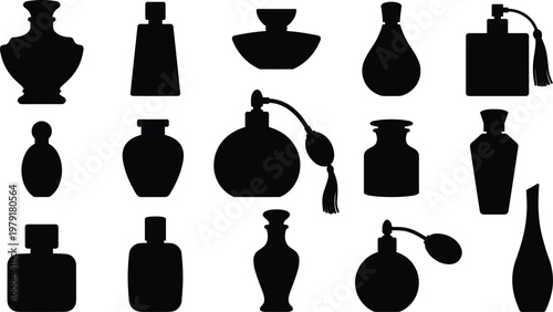 Collection of elegant black perfume bottle silhouettes featuring vintage atomizers and modern glass shapes isolated on white background for beauty fragrance and luxury cosmetic designs.