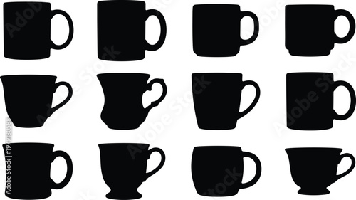 Set of twelve black cup and mug silhouettes including tea cups coffee mugs and breakfast mugs isolated on white background for kitchen and cafe design.